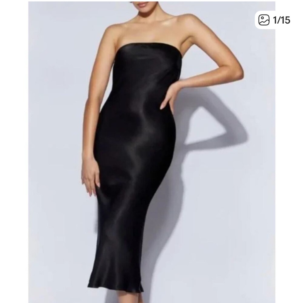 Meshki Tyler Strapless Midi Black Satin Dress